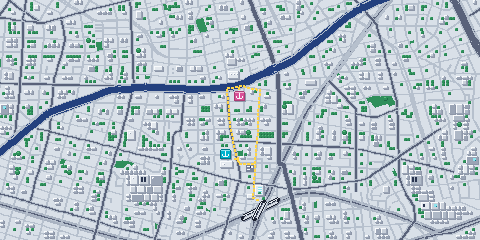 自由が丘駅から2つのスタジオまでの道のりと、スタジオの間の道のりを描いたドット絵の地図（北が上）
